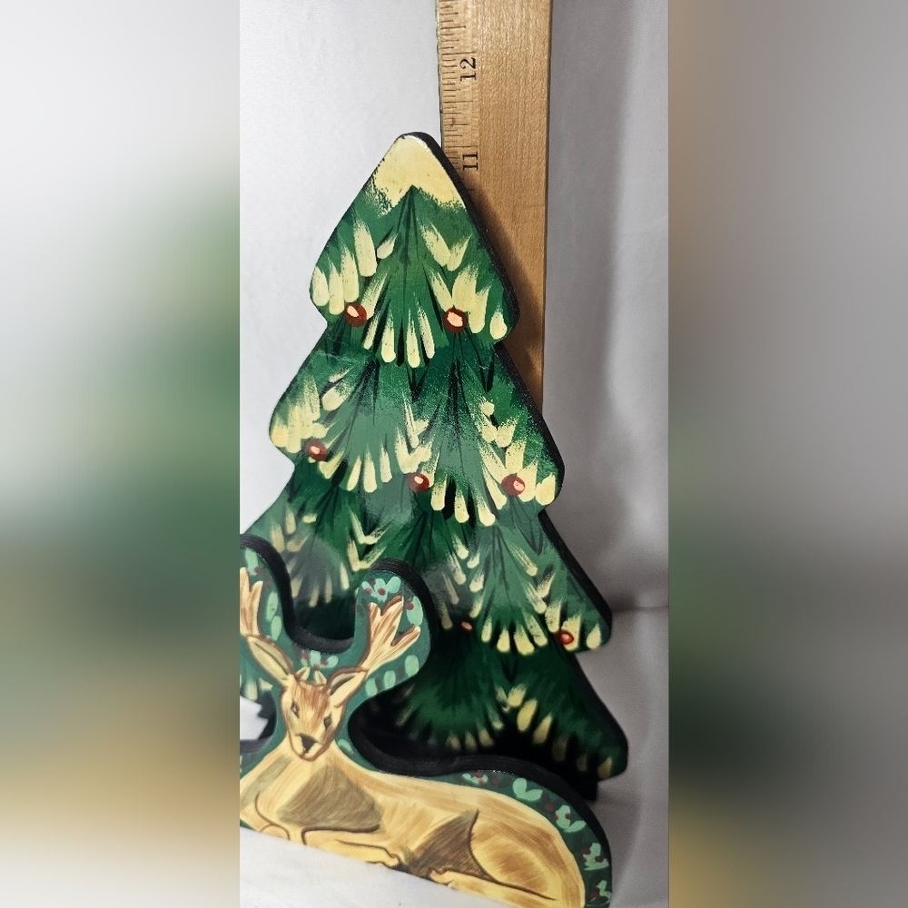 Vintage Wood Handpainted Napkin Holder 11” Tall Deer & Tree Christmas Holidays - Picture 7 of 8